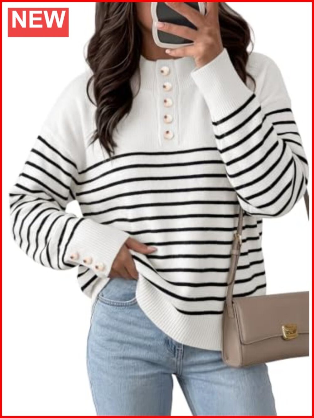 Women's Oversized Striped Pullover Sweater Long Sleeve Collared Button Top